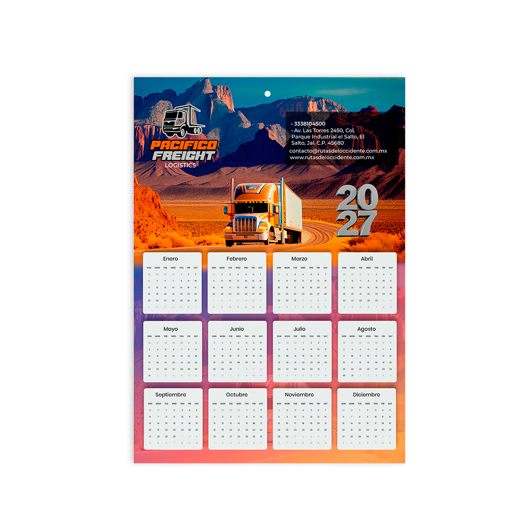 Calendario Publicitario de Pared 2027 Personalizado Diseño de calendario publicitario de pared 2027 personalizado con logotipo de empresa e impresión a color.